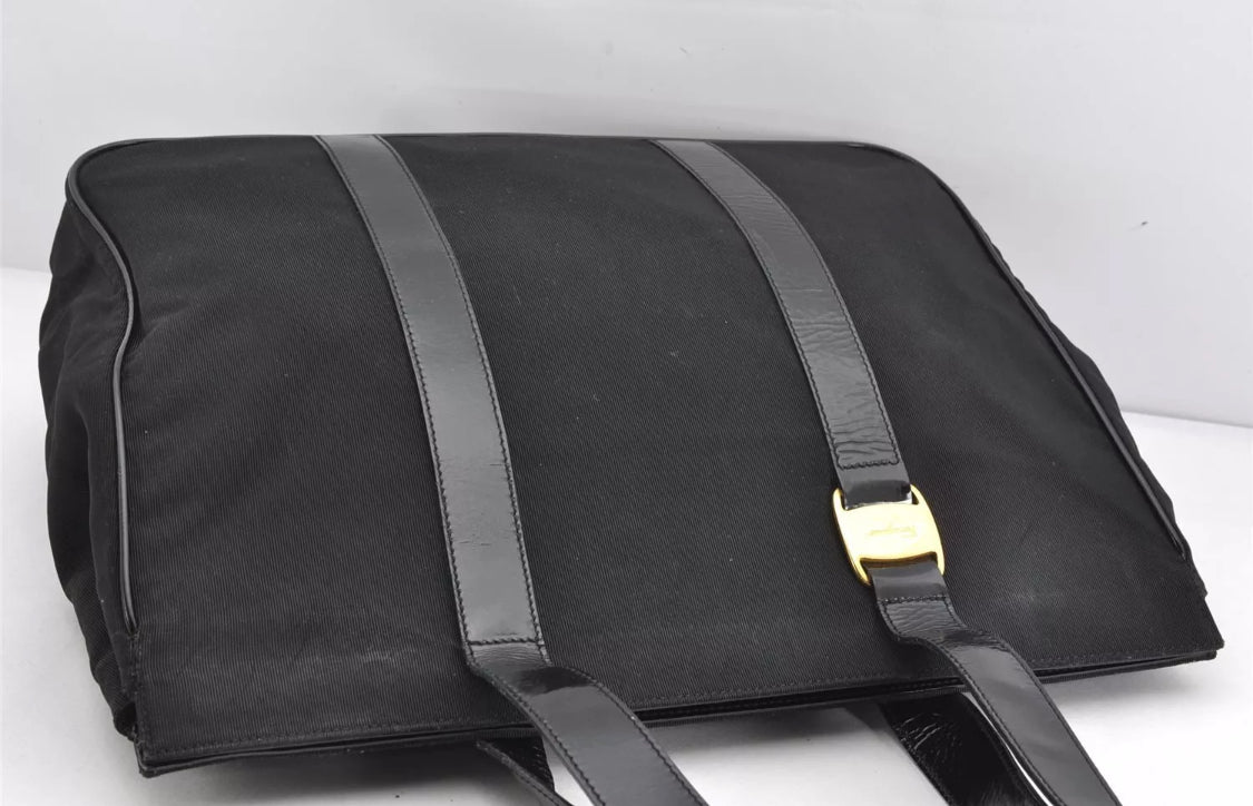 Salvatore Ferragamo Vara Nylon Leather Shoulder Tote Bag Black
