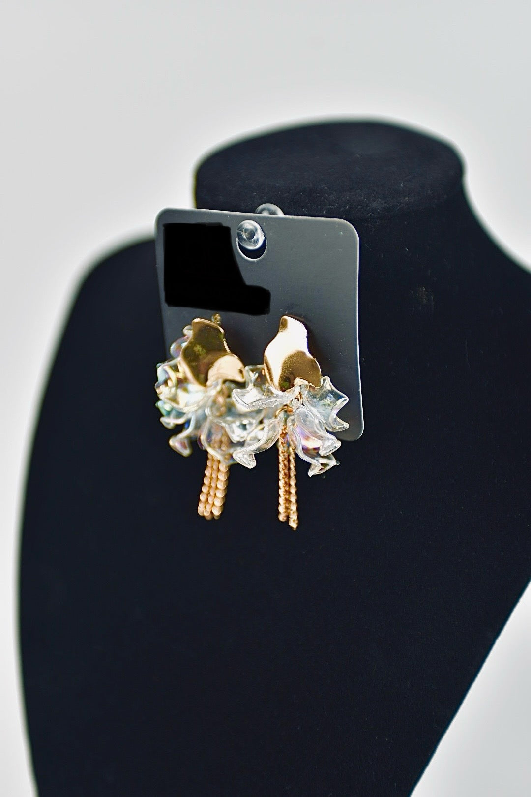 Women’s Gold and Transparent design earrings.