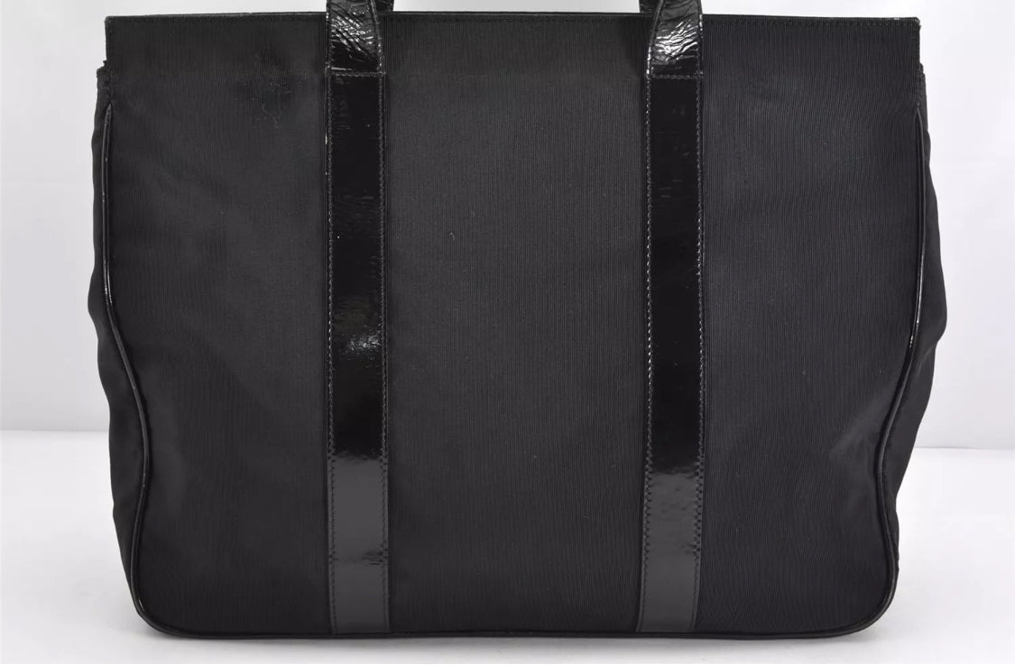 Salvatore Ferragamo Vara Nylon Leather Shoulder Tote Bag Black