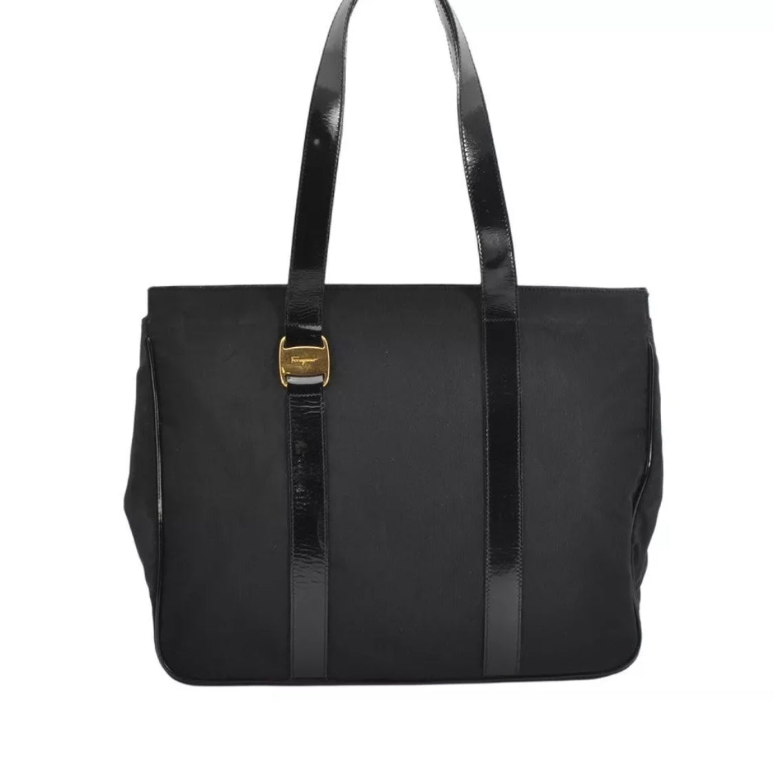 Salvatore Ferragamo Vara Nylon Leather Shoulder Tote Bag Black