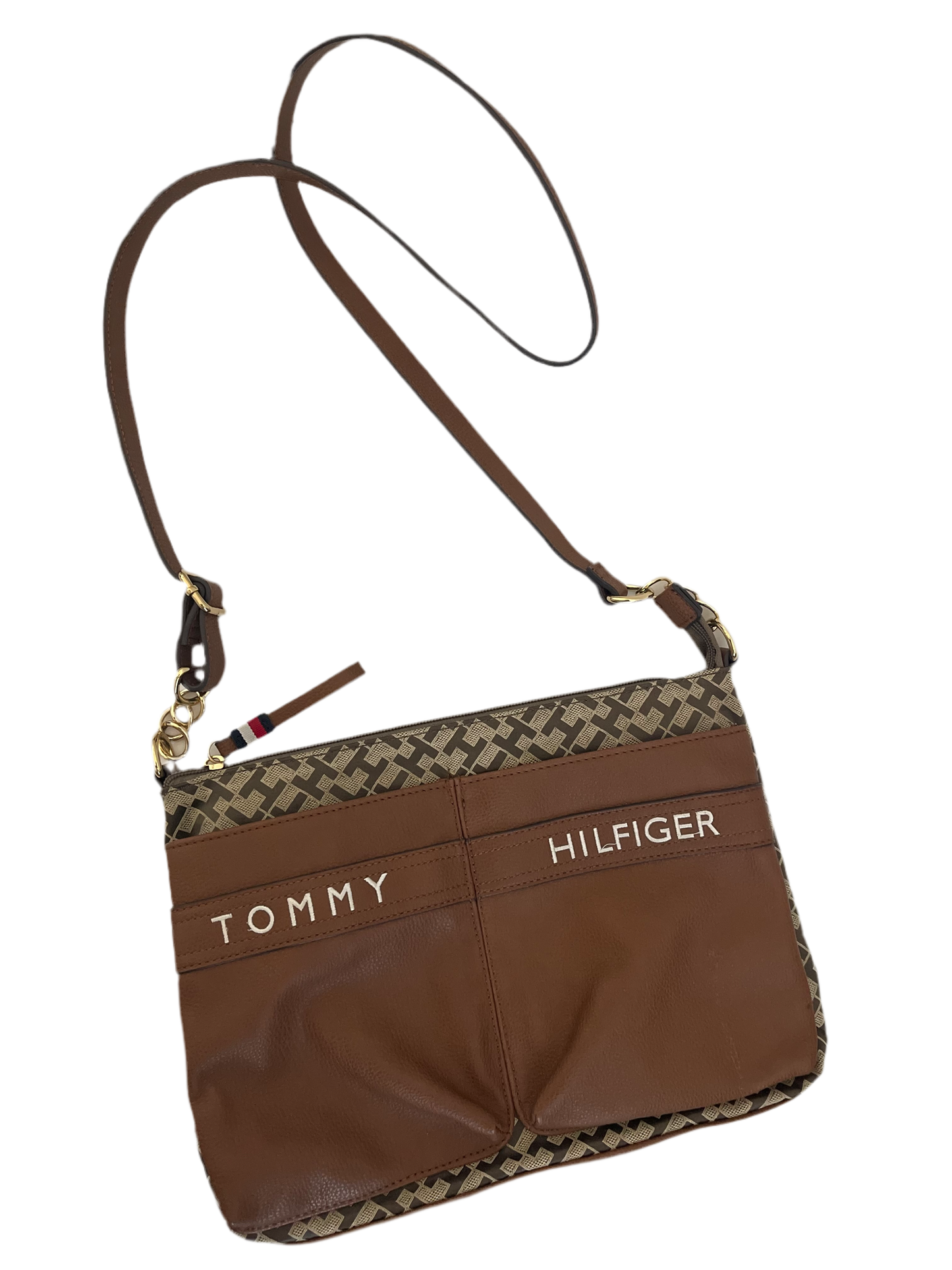 Tommy Hilfiger Brown Monogrammed Cross body Shoulder Bag Two Front Pockets