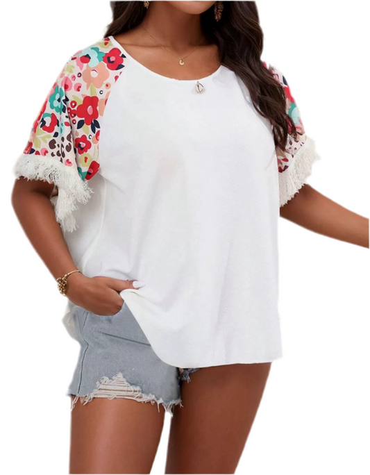 Plus Size Floral Fringe Round Neck Long Sleeve T-shirt