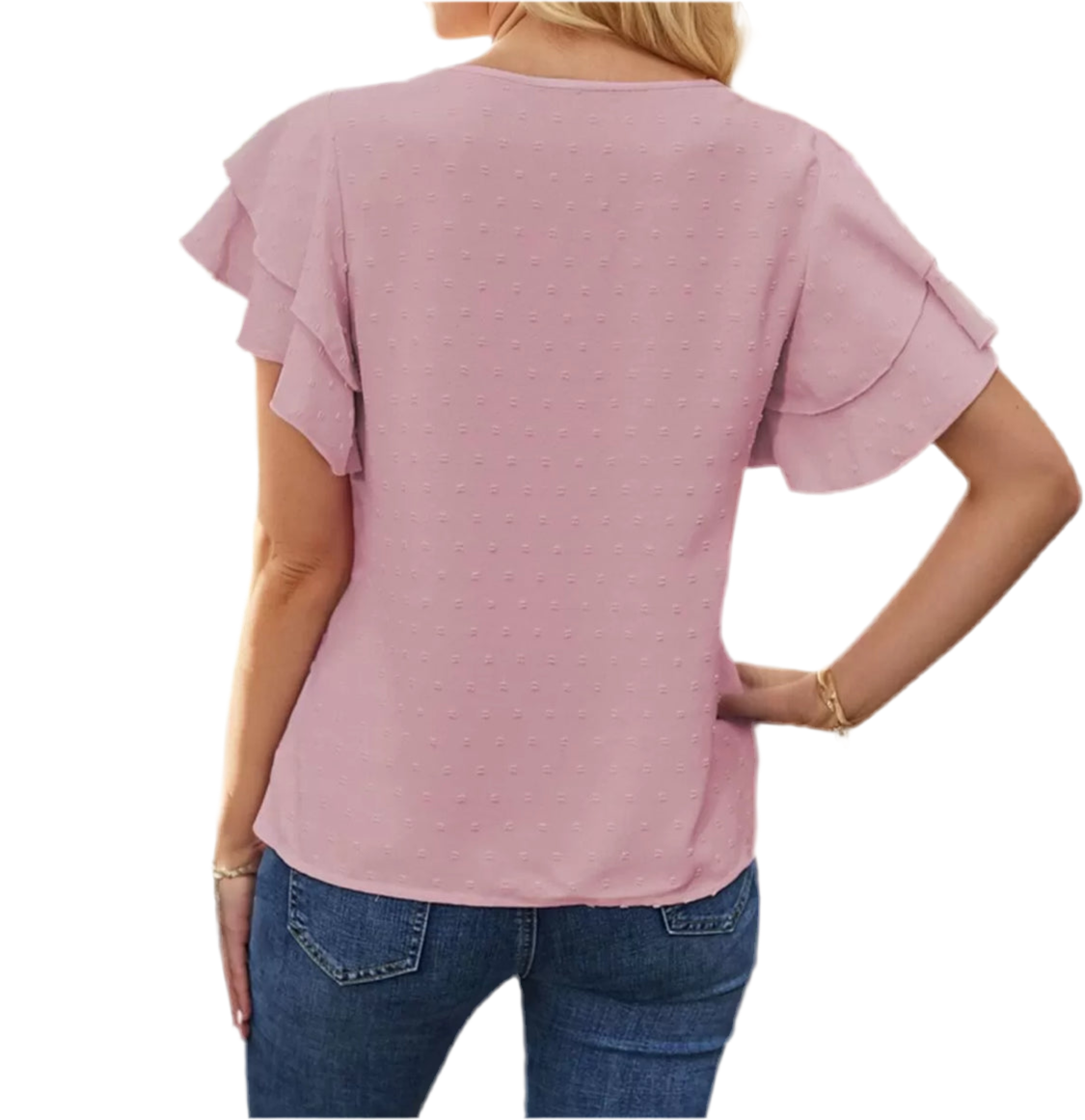 Women Solid Round Neck Flounce Sleeve T-shirt