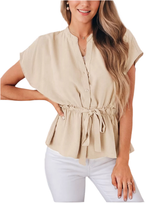 Women Wrinkle V-neck Short Sleeve Blouse