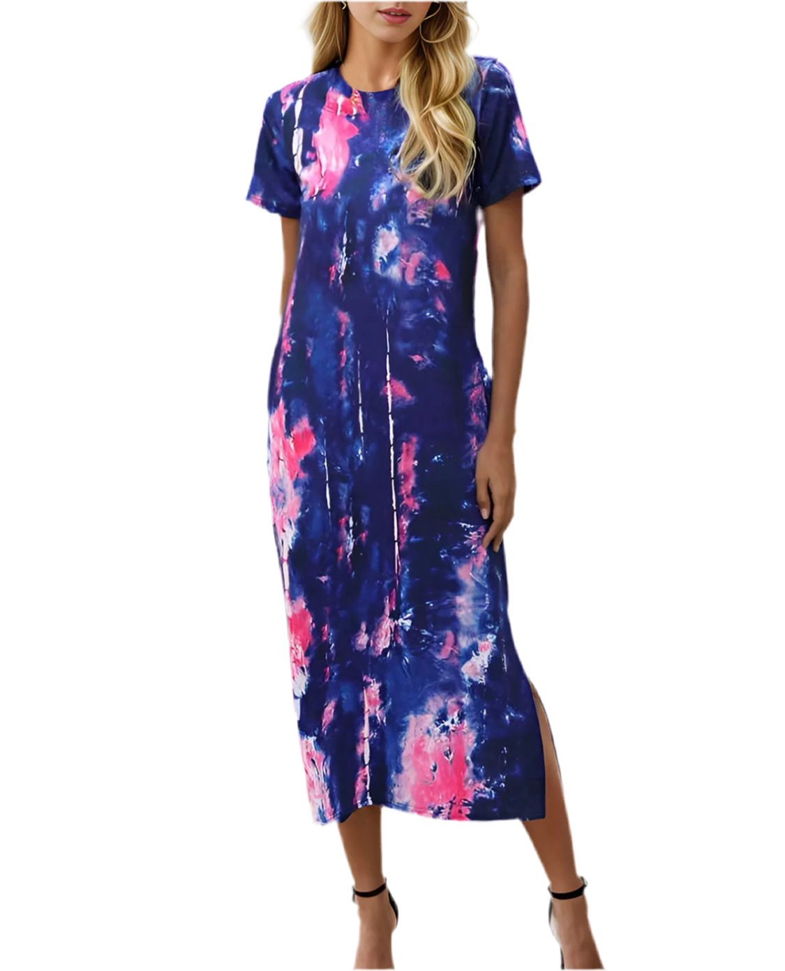 Women Tie Dye Printing Round Neck Knit Shift Dress