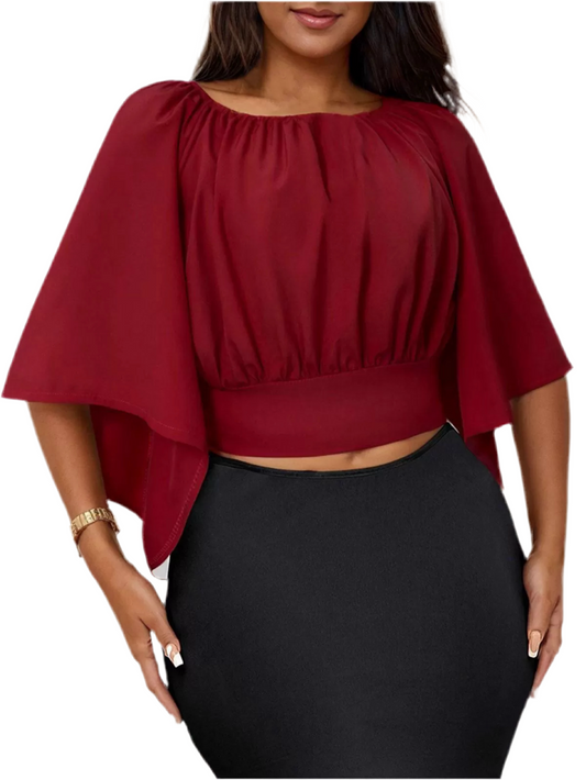 Women Solid Round Neck Flare Half Sleeve Blouse