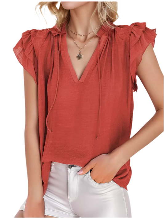 V-neck Flounce Short Sleeve Blouse