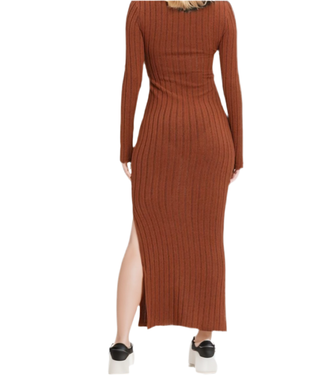 Solid Lapel Long Sleeve Slit dress