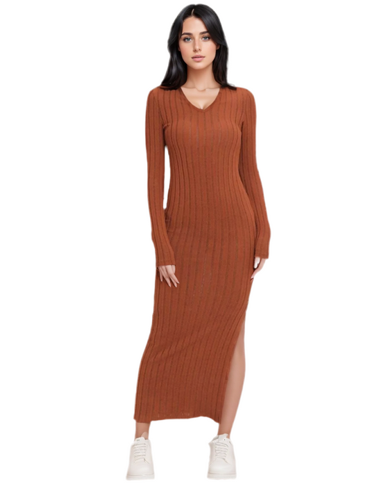 Solid Lapel Long Sleeve Slit dress