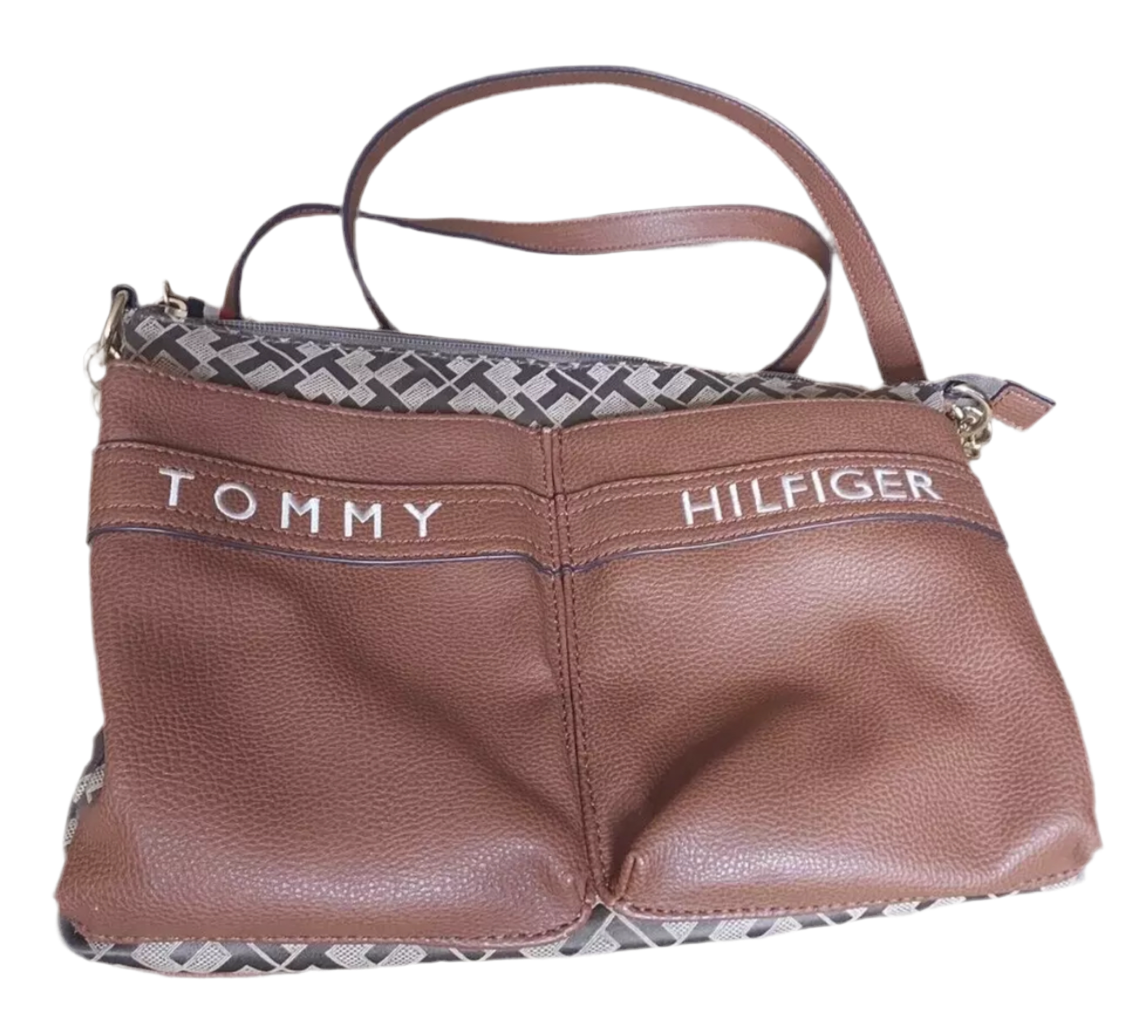 Tommy Hilfiger Brown Monogrammed Cross body Shoulder Bag Two Front Pockets