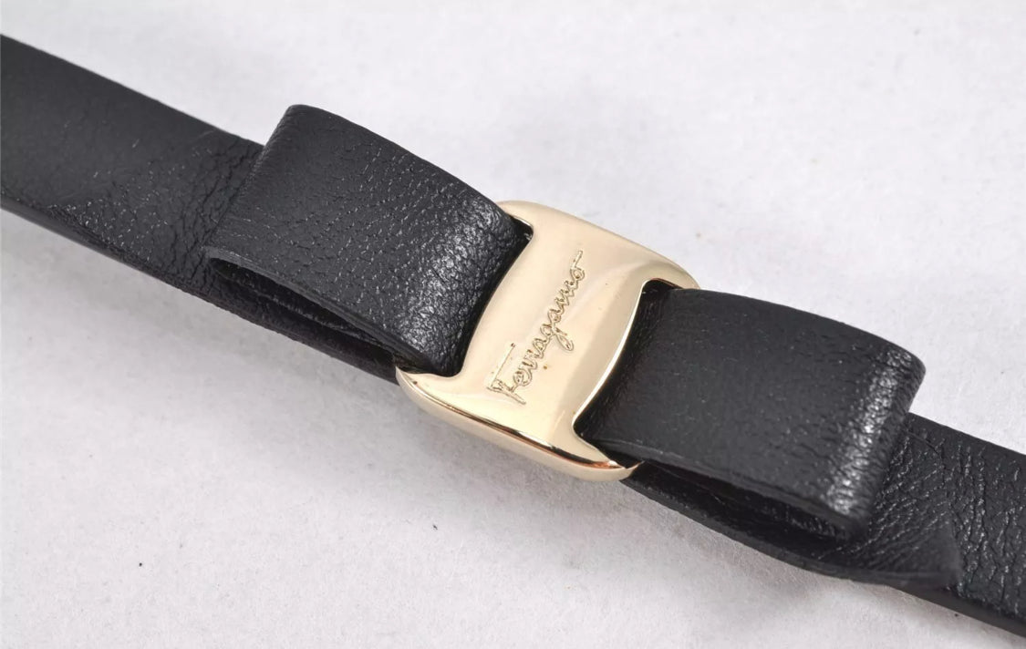 Authentic Salvatore Ferragamo Vara Ribbon Bracelet Leather Black