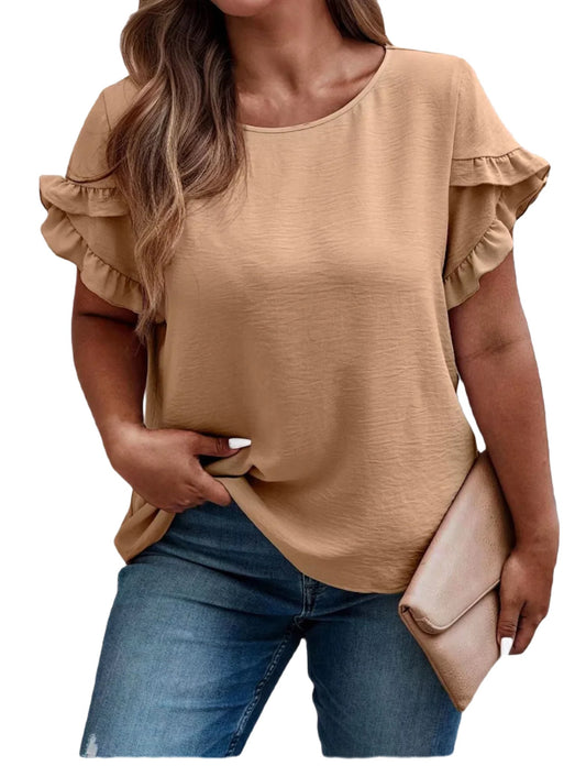 Plus Size Solid Ruffles Round Neck Flounce Sleeve Short Sleeve Blouse