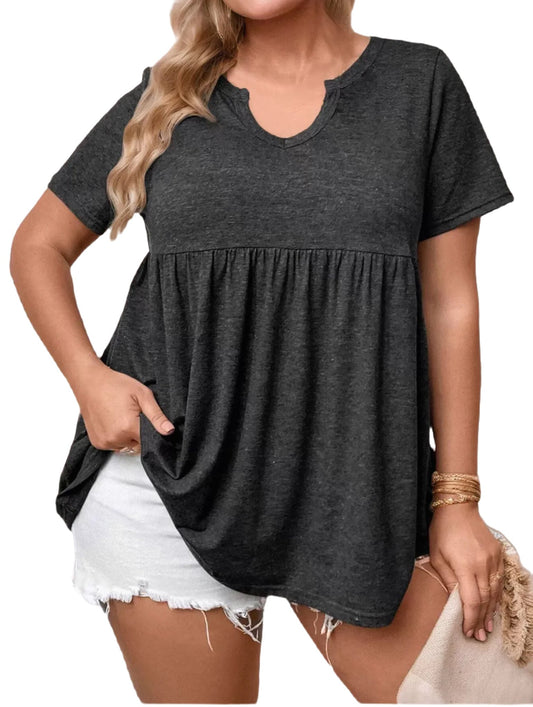 Plus Size Solid Notched Regular Sleeve Short Sleeve T-shirt