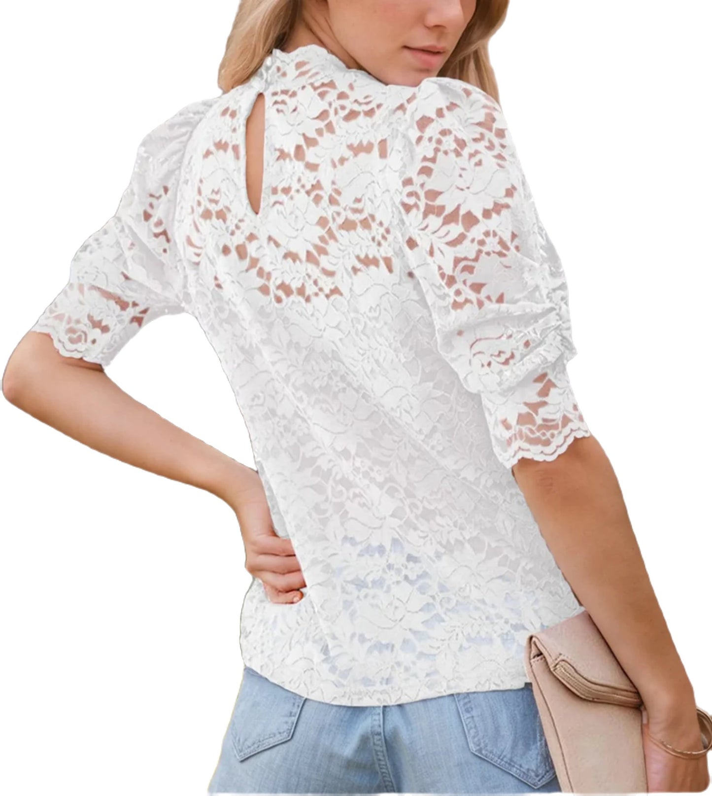 High Neck Mock Lantern Short Sleeve Lace Blouse