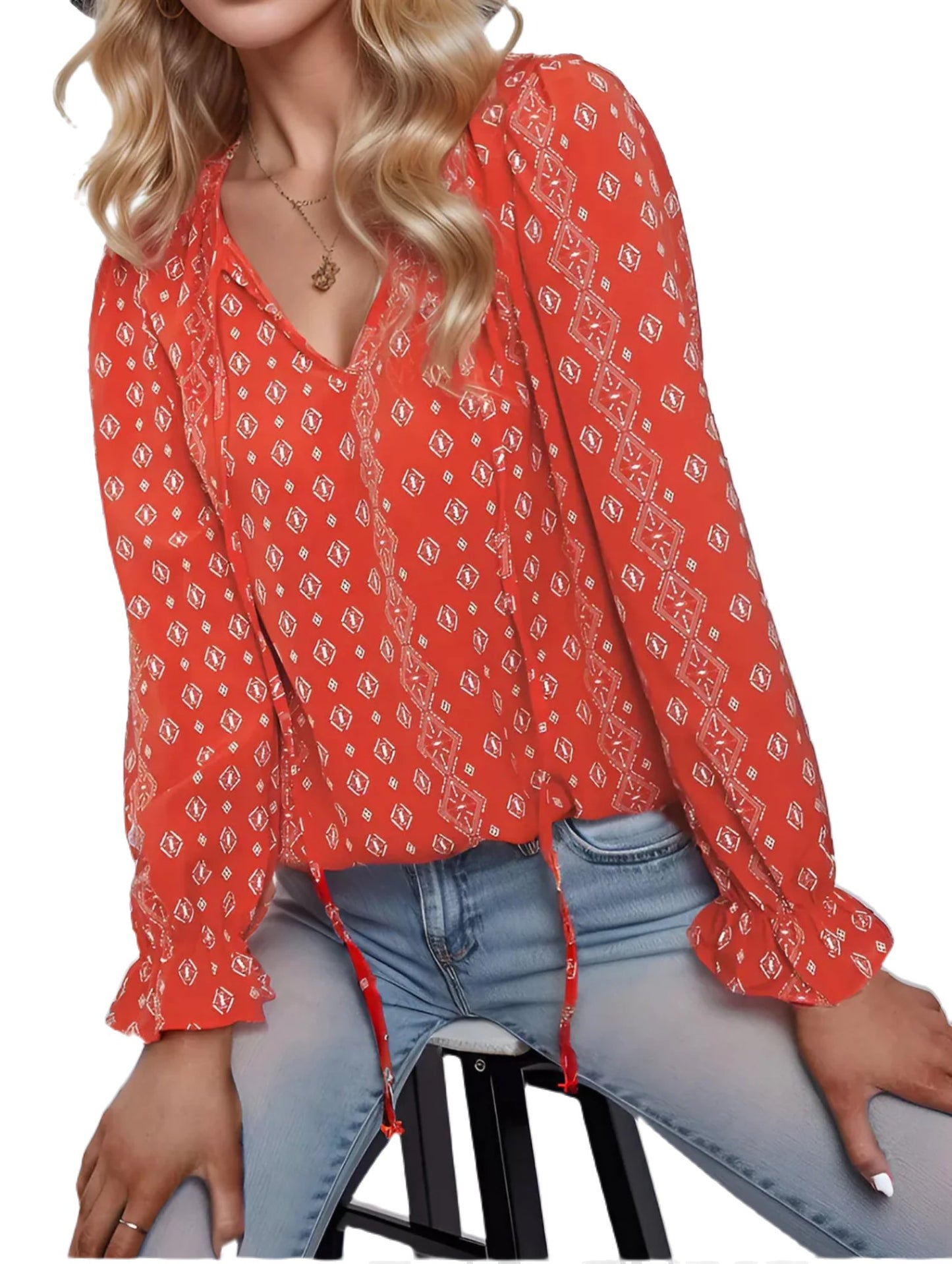 V-neck Lantern Long Sleeve Blouse