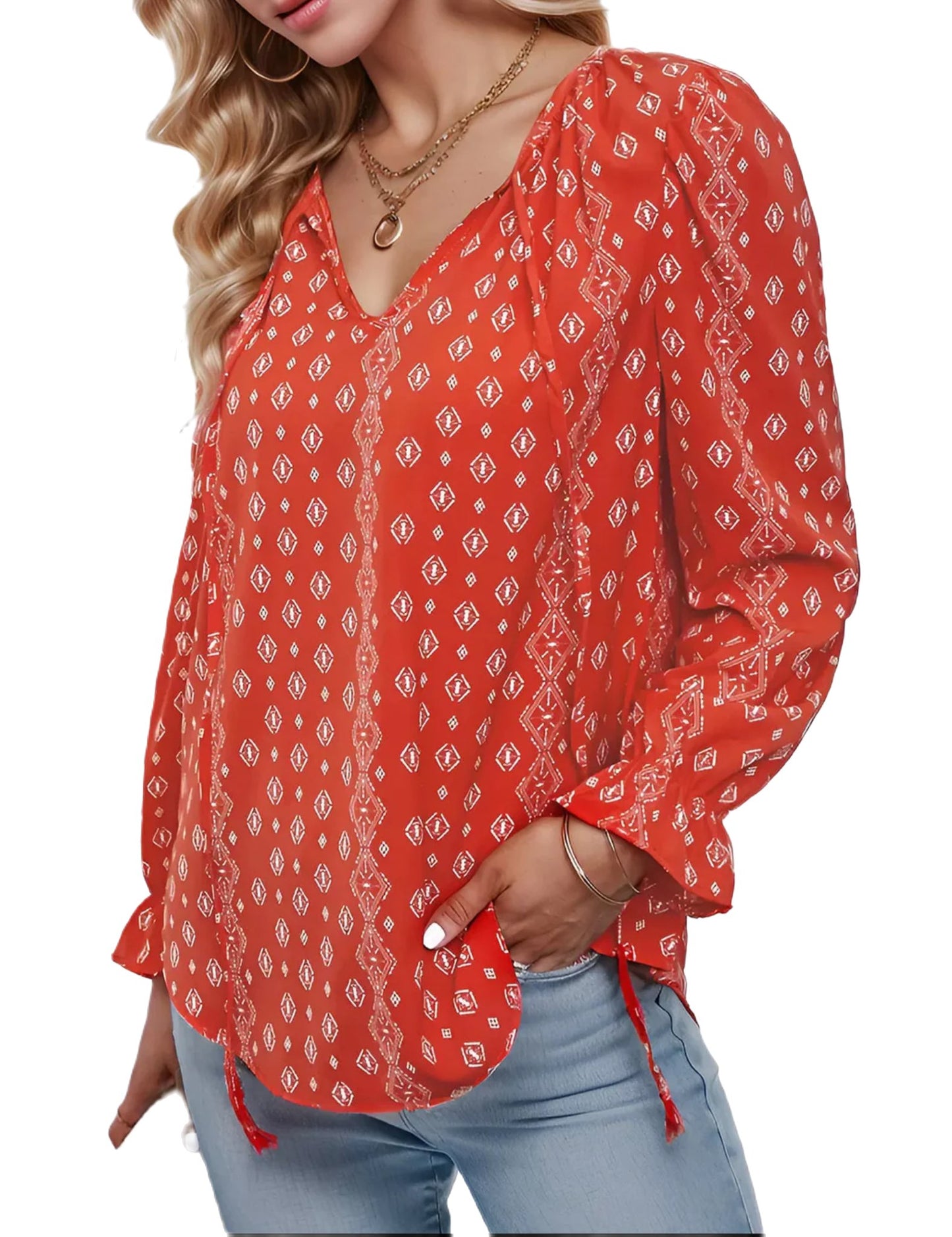 V-neck Lantern Long Sleeve Blouse