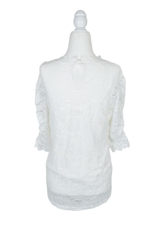 High Neck Mock Lantern Short Sleeve Lace Blouse