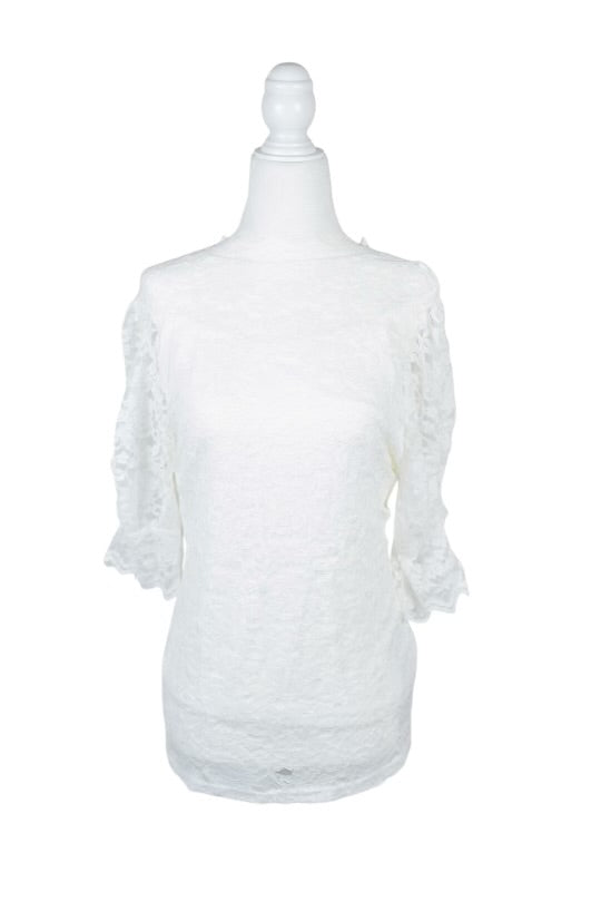 High Neck Mock Lantern Short Sleeve Lace Blouse